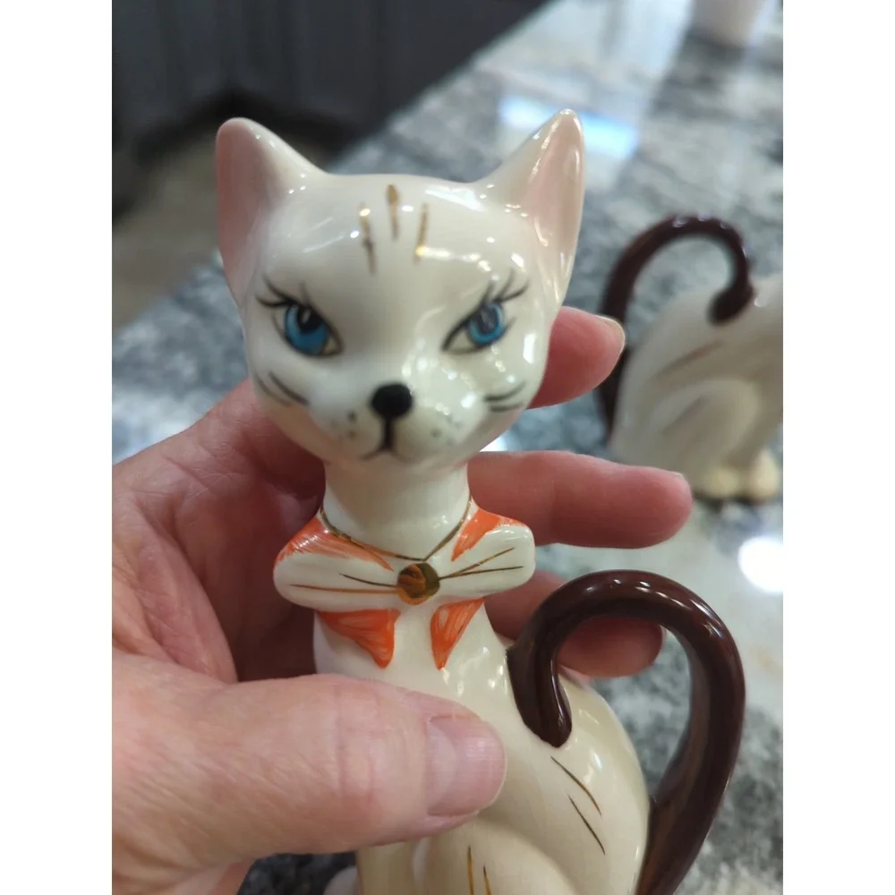 Vintage MCM Pair of Porcelain Cats Kitties Blue Eyes Tall Kitchy Long Tails